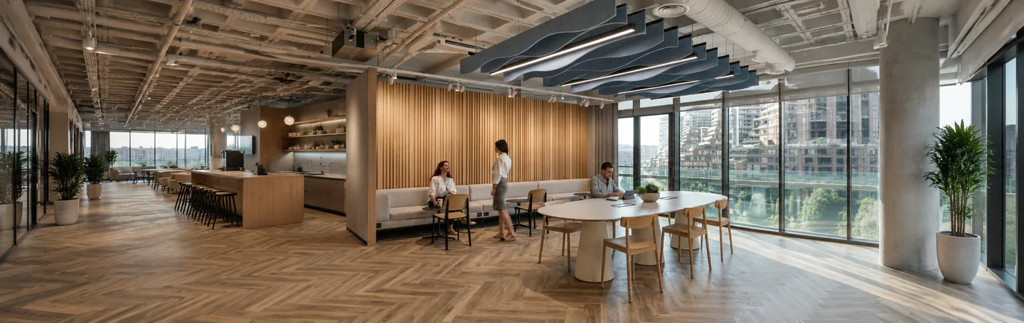 Colleagues meeting at a long table on herringbone flooring beside timber slat walls