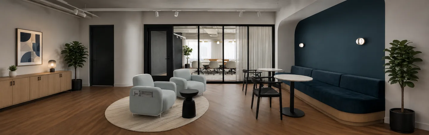 Pale green lounge chairs and a navy banquette in a quiet breakout area