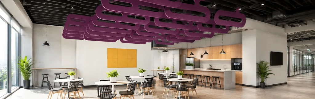 Acoustic ceiling rafts above a workplace cafe